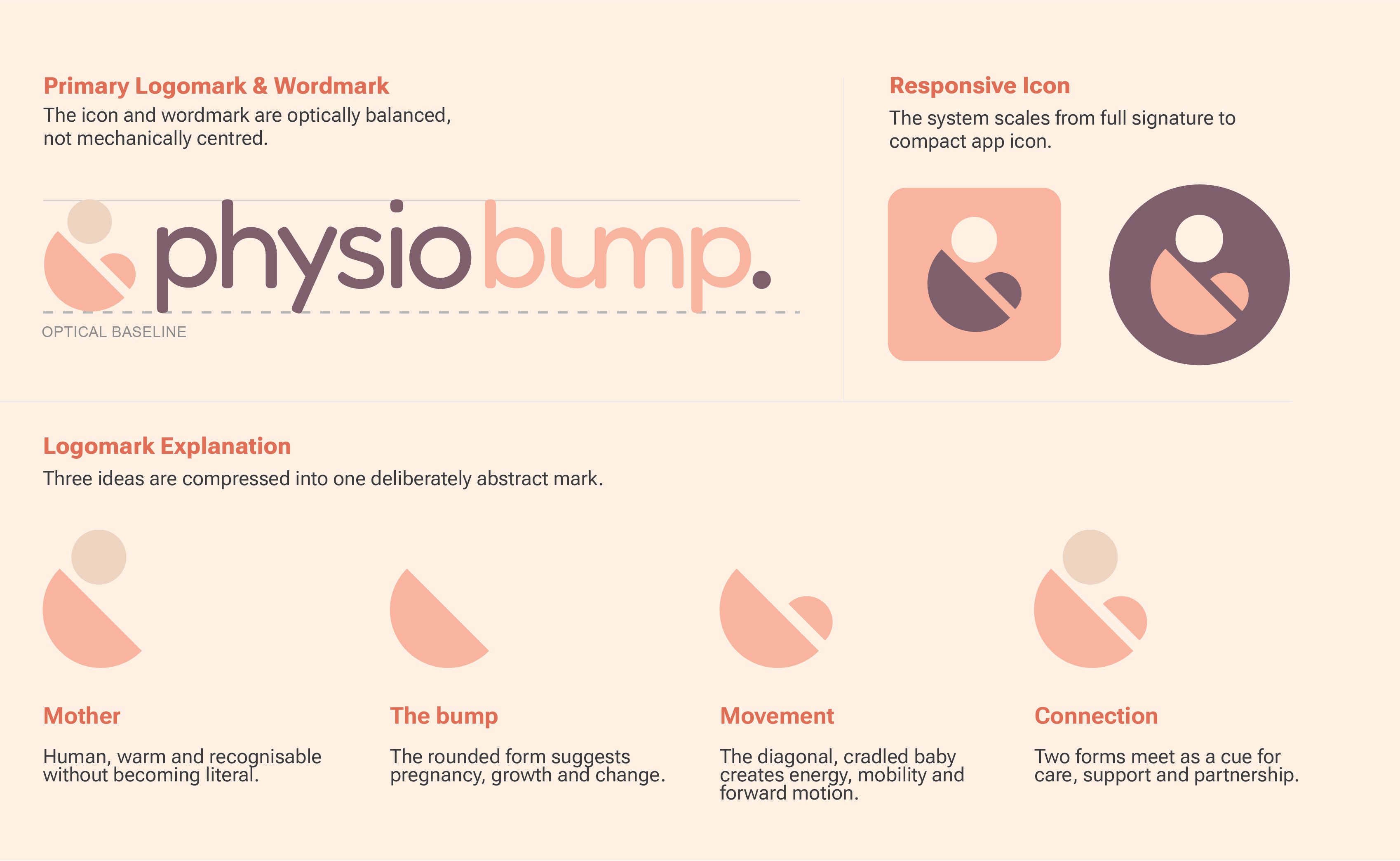 Physio Bump logomark rationale: mother, the bump, movement and connection